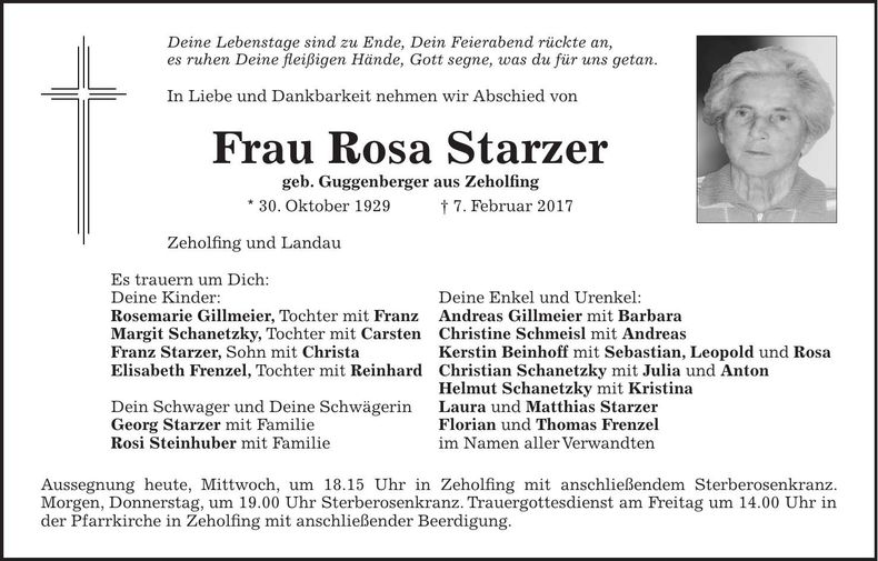 Traueranzeige Rosa Starzer