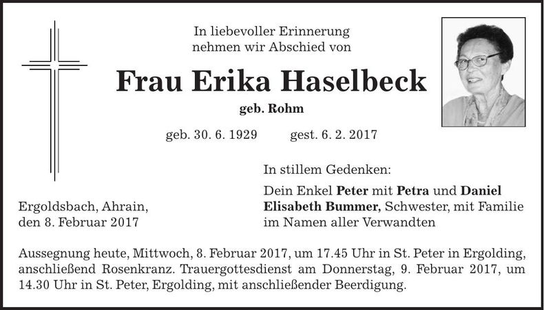 Traueranzeige Erika Haselbeck