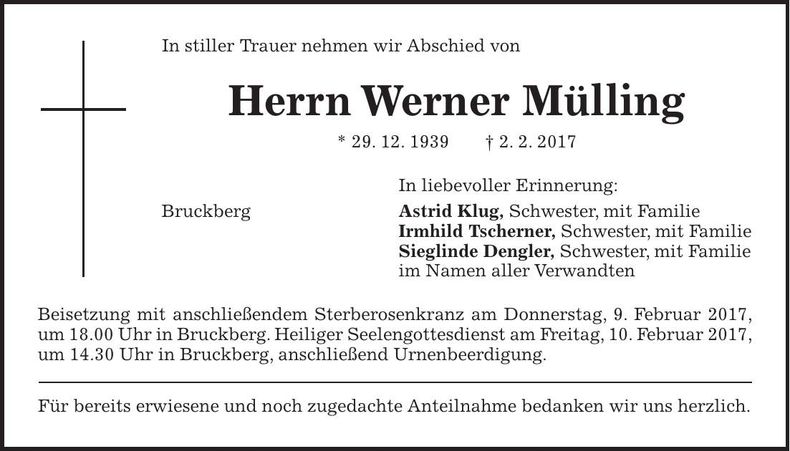 Traueranzeige Werner Mülling