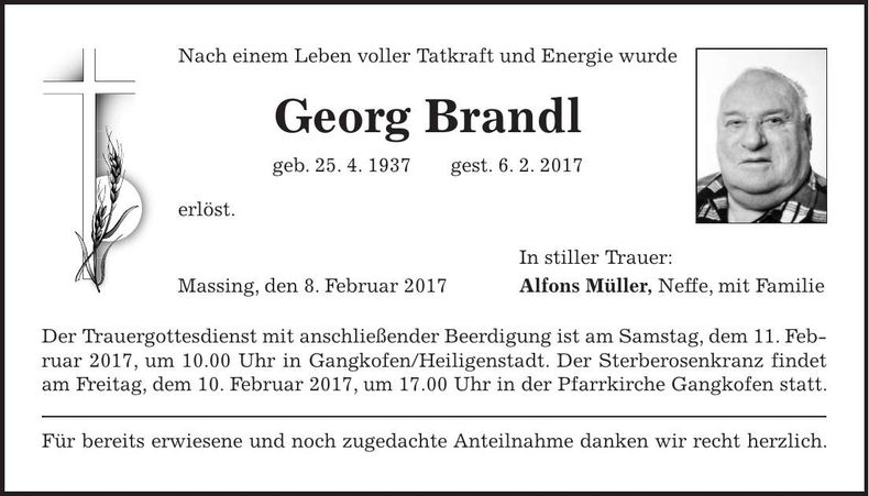 Traueranzeige Georg Brandl