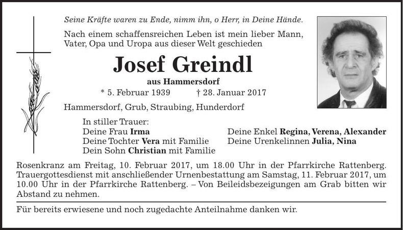 Traueranzeige Josef Greindl