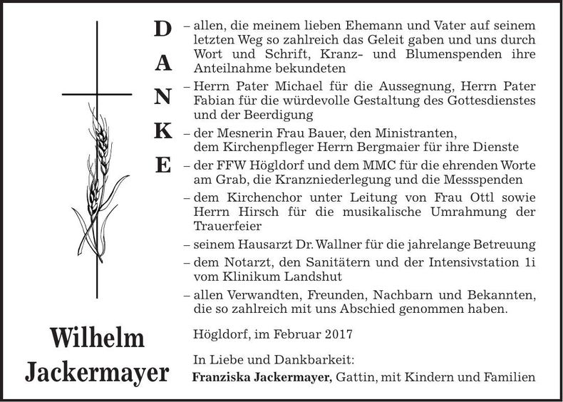Traueranzeige Wilhelm Jackermayer