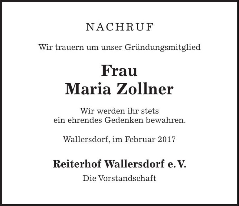 Traueranzeige Maria Zollner