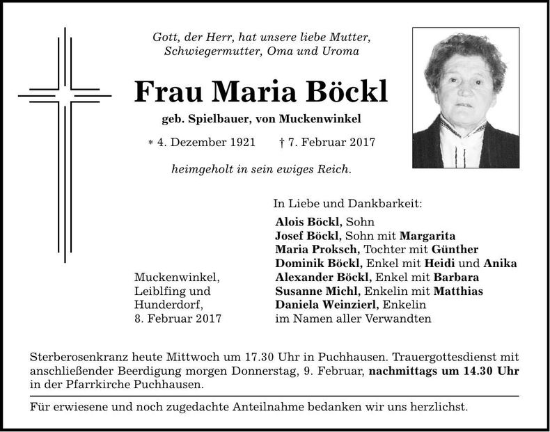 Traueranzeige Maria Böckl