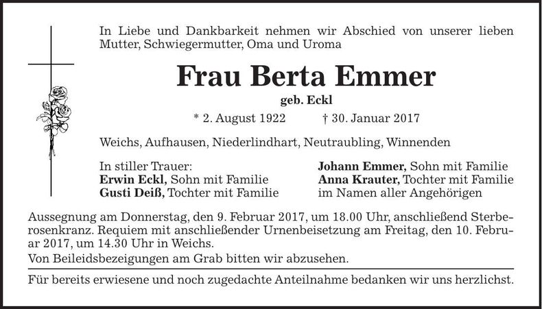 Traueranzeige Berta Emmer