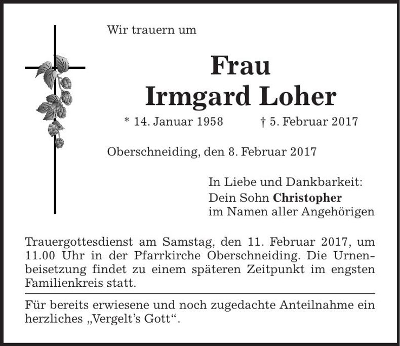 Traueranzeige Irmgard Loher