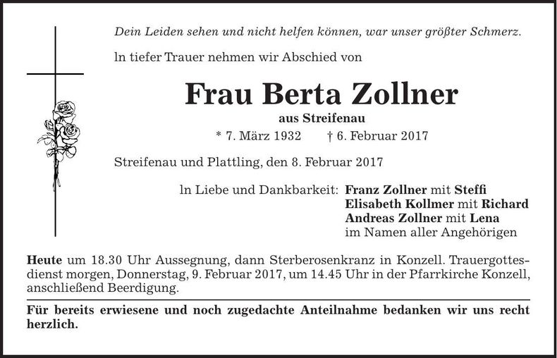 Traueranzeige Zollner Berta