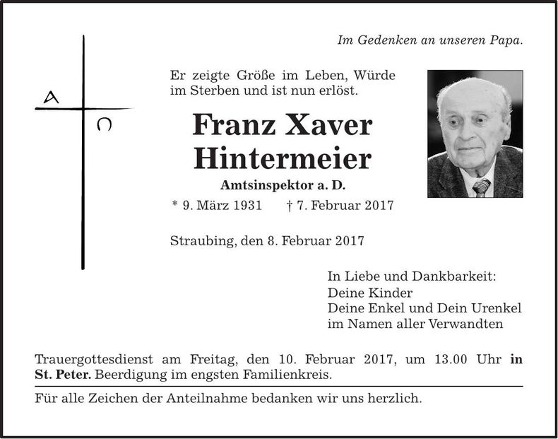 Traueranzeige Franz Xaver Hintermeier