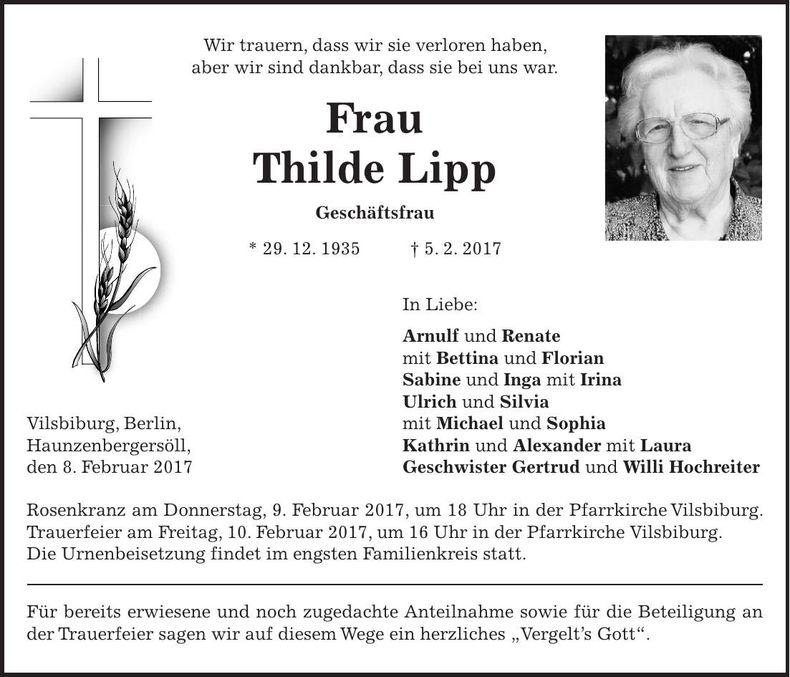 Traueranzeige Thilde Lipp