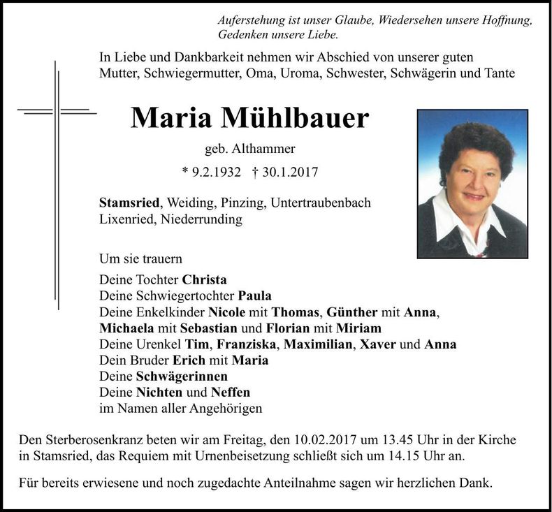 Traueranzeige Maria Mühlbauer