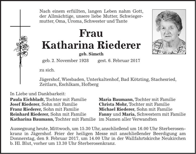 Traueranzeige Katharina Riederer