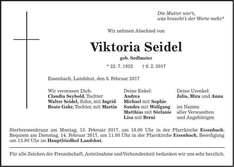 Traueranzeige Viktoria Seidel