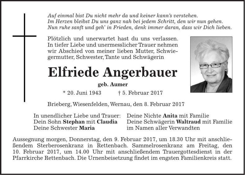 Traueranzeige Elfriede Angerbauer