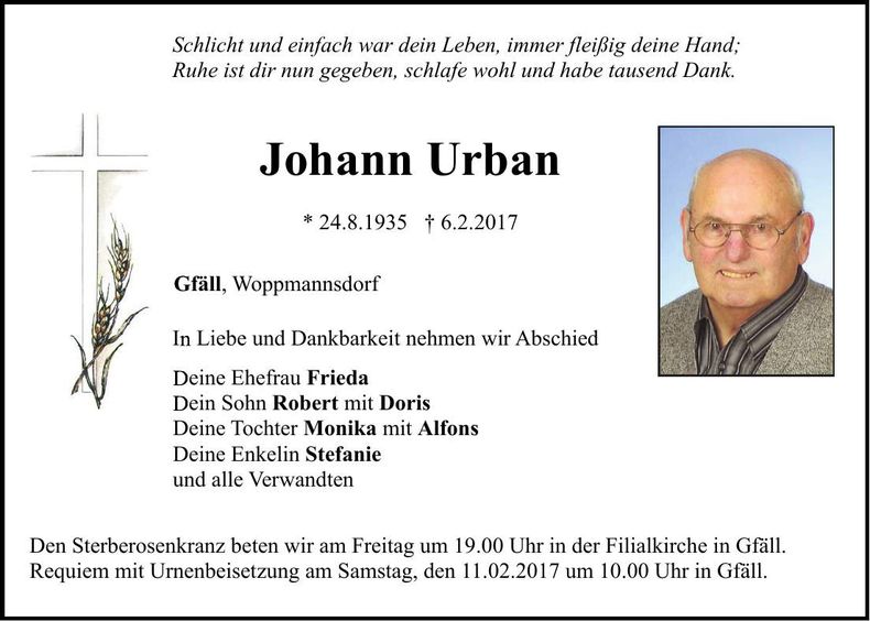 Traueranzeige Johann Urban