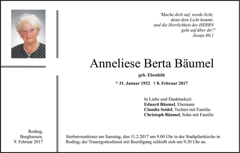 Traueranzeige Anneliese Bäumel