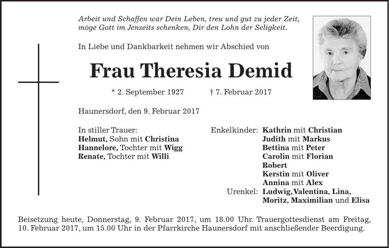 Traueranzeige Theresia Demid
