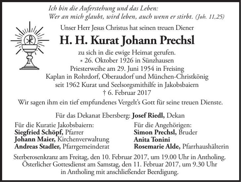 Traueranzeige Johann Prechsl