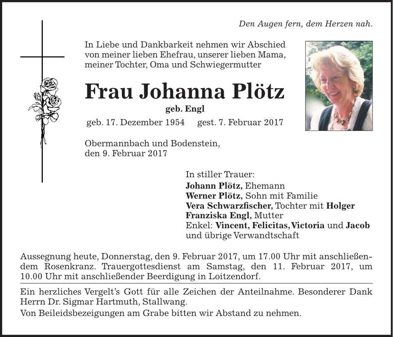 Traueranzeige Johanna Plötz