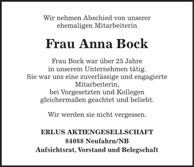 Traueranzeige Anna Bock
