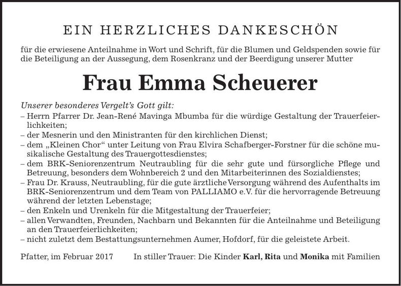 Traueranzeige Emma Scheuerer