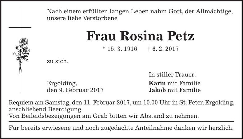 Traueranzeige Rosina Petz