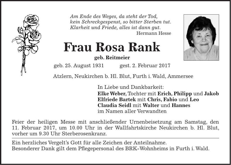 Traueranzeige Rosa Rank