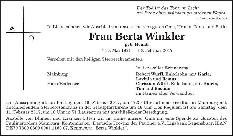 Traueranzeige Berta Winkler