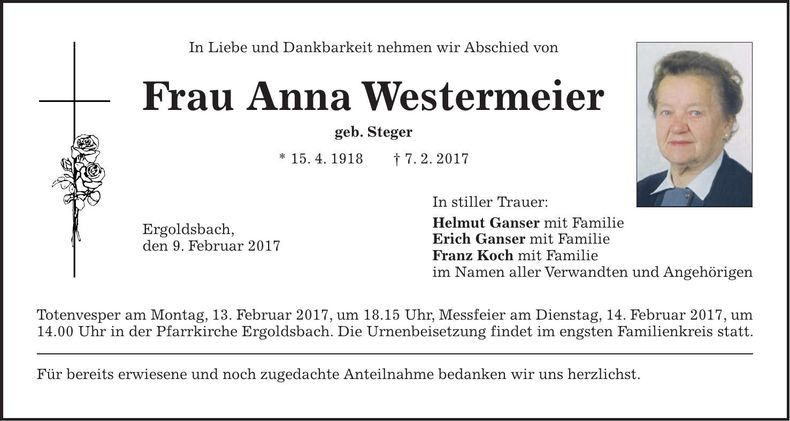 Traueranzeige Anna Westermeier