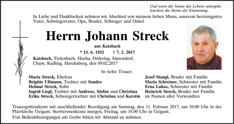 Traueranzeige Johann Streck