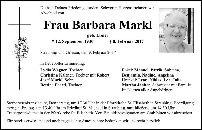 Traueranzeige Barbara Markl