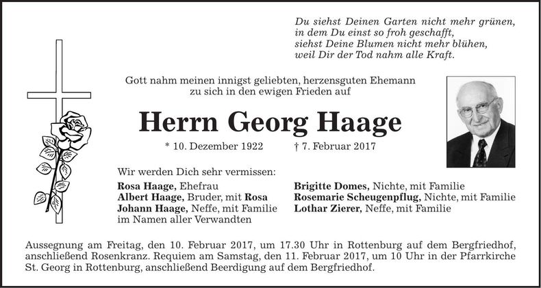 Traueranzeige Georg Haage