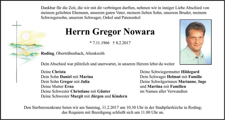 Traueranzeige Gregor Nowara