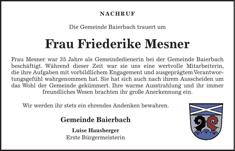 Traueranzeige Friederike Mesner