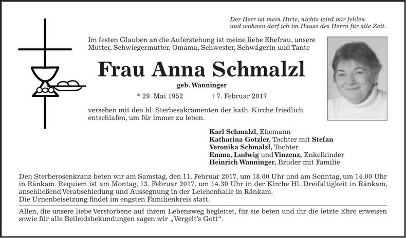 Traueranzeige Anna Schmalzl