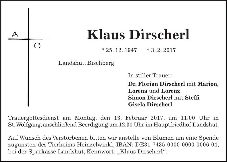 Traueranzeige Klaus Dirscherl