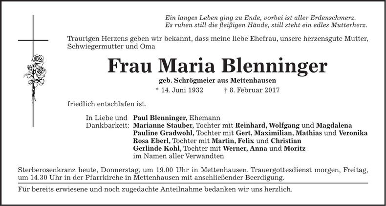 Traueranzeige Maria Blenninger