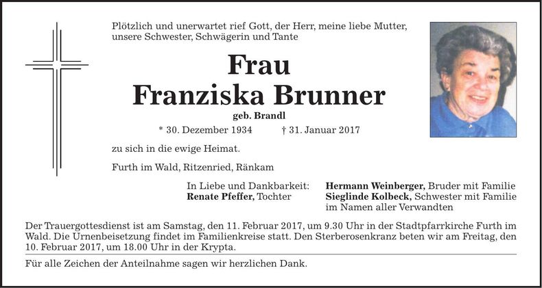 Traueranzeige Franziska Brunner