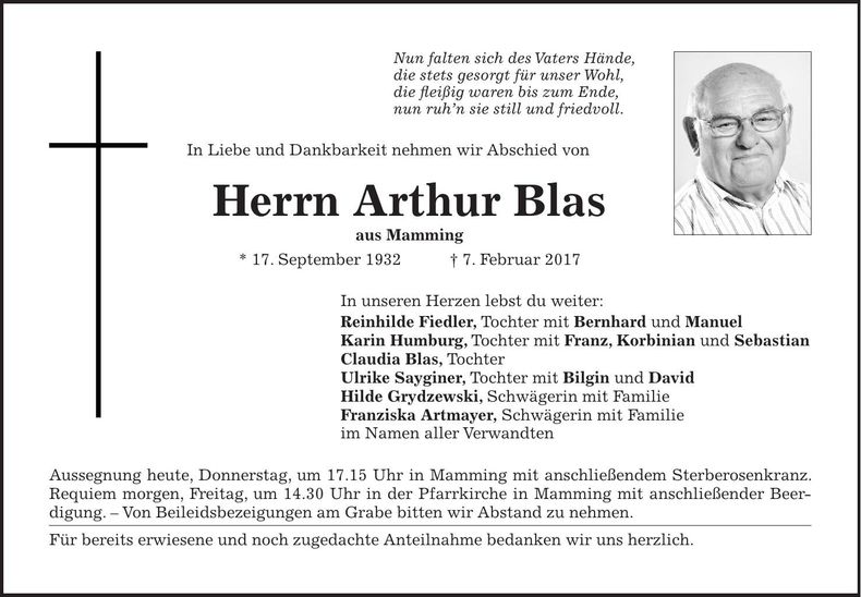 Traueranzeige Arthur Blas