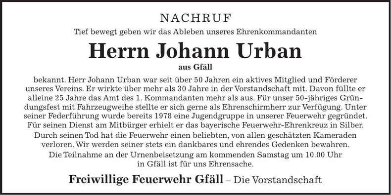 Traueranzeige Johann Urban