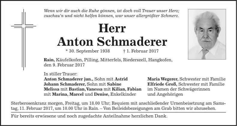 Traueranzeige Anton Schmaderer