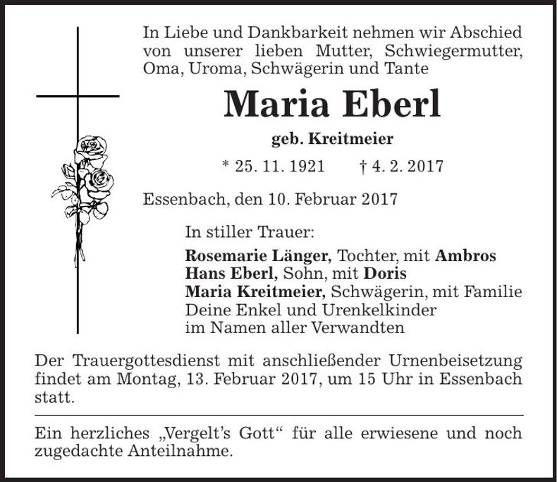 Traueranzeige Maria Eberl
