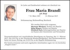 Traueranzeige Maria Brandl