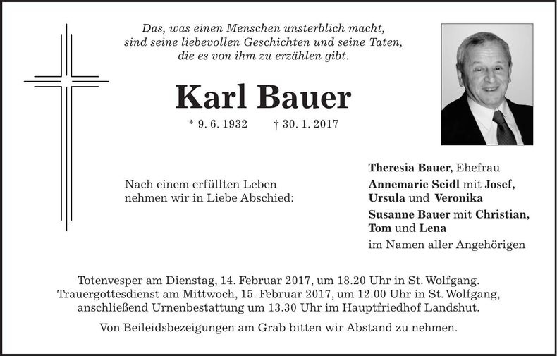 Traueranzeige Karl Bauer