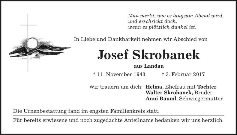 Traueranzeige Josef Skrobanek