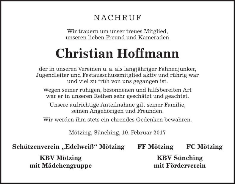 Traueranzeige Christian Hoffmann