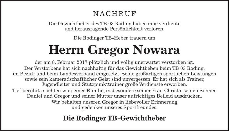 Traueranzeige Gregor Nowara