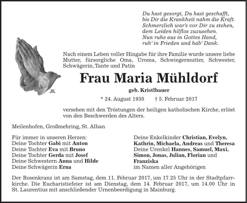 Traueranzeige Maria Mühldorf