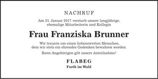 Traueranzeige Franziska Brunner