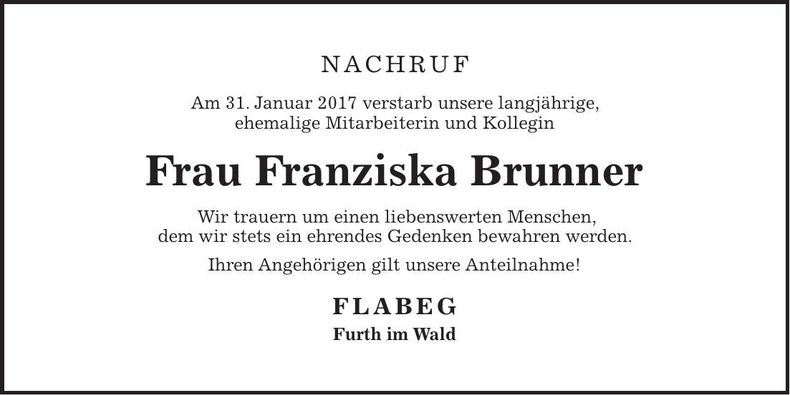 Traueranzeige Franziska Brunner