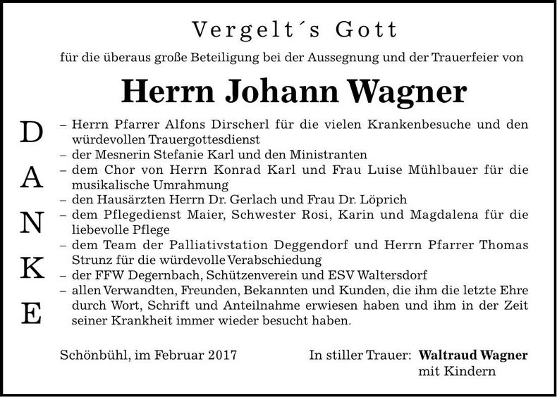 Traueranzeige Johann Wagner